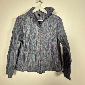 Womens Textured Crinkle Metallic Button-Up Blouse Top Purple Lightweight Casual